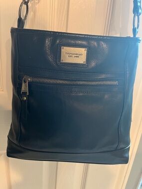 Tignanello Black Leather Shoulder Bag with Metal Plaque